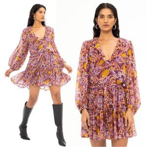 NWT BANJANAN Florence Mini Dress Violet Purple Multi Long Sleeve Size S